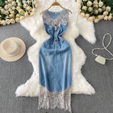 Vintage Lace Splicing V-Neckless Denim Dress Women's Summer Senior Feeling Lanky Dress