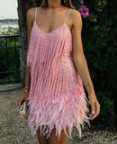 Fashion Lysing Shiny Birthday Party Feather Splicing Dress Dress Dress