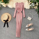 Dress Women's Autumn And Winter 2025 New Korean Version Of Simple Solid Color Long Sleeves Tight Waist Thin Knit Long Dress