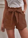 New 2025 Summer Women's Loose Flax Leisure Shorts Pocket Solid Colored High-Rise Broad Legs
