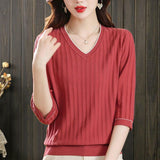 V-Neck Seven-Sleeved T-Shirt Women's Mid-Sleeve Top Ice Knitted Shirt Thin Mother Spring T-Shirt Elegant