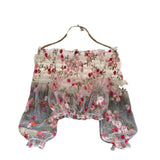 One-Word Shoulder Mesh Embroidery Perspective Shirt For Women's Summer Loose Bubble Sleeve Short Hoodie Long-Sleeved Lace Shirt