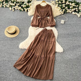 Gentle Wind Age Reduction Suit Women's Spring French Strap To Close Waist Round Collar Long-Sleeved Shirt + High Waist-Hanging Half-Body Skirt