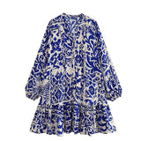Shirt-Style Single-Dlong Short Dress 2025 Spring/Summer V-Neck Print Long-Sleeved Loose Miniskirt