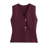 Women's Clothing 2025 Summer Solid Color Repair Gold Button Knitted Vest Top