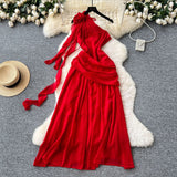 Atmosphere Three-Dimensional Flowers With Slanted Shoulder Dress Women's Folds To Waist Chic Design Irregular Vacation Dress