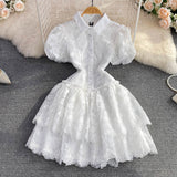 2025 Summer Retro Temperament Elegant Collar Single Buckle White Lace Embroidery A Word Cake Dress