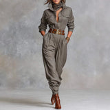 2025 Women's Long Sleeve Shirt Collar Pocket Jumpsuits Trousers