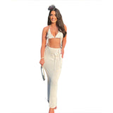 2025 Summer Fashion Women's New Hanging Neck Sexy Back Small Waist Waist Hip Skirt Sweater Set