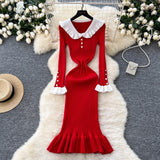 French Retro Doll Collar Horn Sleeve Dress Women Autumn Waist Thin Temperament Knitted Dress