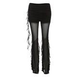 Fashion 2025 Summer New Women's Sexy Hottie Lotus Side Design Folding Mesh Splicing Perspective Leisure Pants