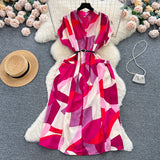 Light Luxury Retro V-Neck Print Dress Women's Summer French Tamped Loose Thin Long Shirt Skirt