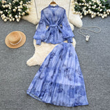 Temperament Two Sets Of Female High-Grade Style Straps To The Waist Lantern Sleeve Print Chiffon Top + High Waist Skirt