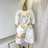 Fashion Set European Dress Design Butterfly Set Drill Short Sleeve T-Shirt Blouse Woman + Tight Waist Broad Leg Shorts Two Sets