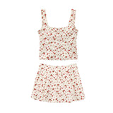 Wood Ear-Side Flower-Print Square Collar Single-D Row Buckle-Suited Short-Sling Sling Vest Wide-Folded Mini Skirt Suit Woman