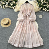 French Standing Collar Nails Drilled Full Of Star Buckle Lantern Sleeves Tied With Waist Temperament Dress Famous Party Dress Dress