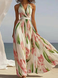 2025 Women's Sleeveless V-Neck Digital Print Belt Dress Dress