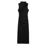 Women's Clothing 2025 Spring New Sleeveless Wrinkles Decorated Semi-High Collar Net Fan Flute Dress