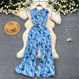 Vacation Ins Wear A Female Senior Sense Sleeveless V-Neck Tie Strap To The Belt Print Loose Broad Legs 100-Folded Jump-Fitting Trousers