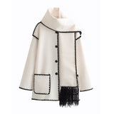 Women's Clothing French Fashion Single Buckle Tuxedar Scarf Splicing Coat