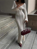 New Women's Fashion Elegant V-Neck Knitted Dress Horny Sleeves Hollowed-Braceed Long Dress
