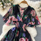 Summer V-Neck Print Chiffon Dress Women's Waist Thin Temperament Lotus Leaf Side Short Sleeves To Close The First Love Fairy Dress