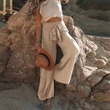 Women's Fashion Temperament Strap Spliced High-Waisted Folds Broad Leggings Casual Loose Trousers
