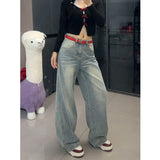 High Street Back Pocket Embroidered Jeans Women's New Vintage Wash Straight Loose Babes