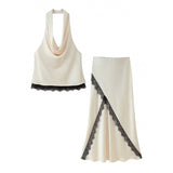 Women's Dress 2025 New Lace Lace Ribbon Hanging Neck Collar Top Mid-Body Dress Suit