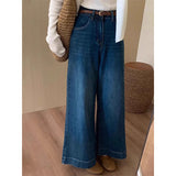 Hong Kong Wind Dark Blue High-Waisted Horn Nine-Point Jeans Women 2025 Autumn Small Loose Thin Broad Leg Pants