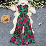 Vacation Ins Wear A Female Senior Sense Sleeveless V-Neck Tie Strap To The Belt Print Loose Broad Legs 100-Folded Jump-Fitting Trousers