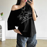2025 Summer New Women's Street Fashion Letter Print Slanted Shoulder Short-Sleeved Loose T-Shirt Top