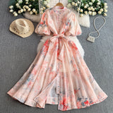 Court-Style Retro-Print Collar Bubble-Sleeved Dress Women's Summer Straps To The Waists To Show A Thin Swollen Dress