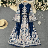 Spring Dress New Retro Print Collar Collar Horn Sleeve Dress Women's Single Buckle Large Irregularly Folded Long Skirt