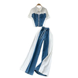 Summer Dress A Complete Set Of Women's Casual Retro Lap-Fleeled Fake Two Short-Sleeved Tops High-Waisted Spliced Denim Broad-Legged Trousers