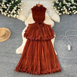 Light Luxury High-End Feeling Sleeveless Dress Women's Summer Lotus Leaves Side Waist Temperament Niche Chic Beautiful Long Dress