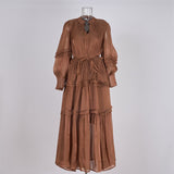 Elegant Temperament Dress 2025 New V-Neck Lantern Sleeves Folded Long Silk Dress Dress