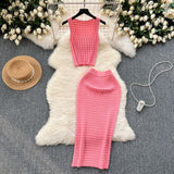 Hong Kong Style Retro Hottie Suit Women's Summer Short Vest Top With High Waist Half Skirt Knit Two Sets