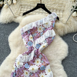 French Light Luxury Name Heavy Industry Hollow Hook Lace Dress Female Senior Wood Ear Splicing Oblique Shoulder Skirt