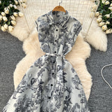 2025 New Women's High-End Elegant Dress Women's Collar Sleeveless Single Buckle Ink Painting Long Dress