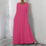 Summer New Long Dress Casual Loose Long Sleeve Solid Color Collar Dress