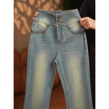 Light Blue Water Wash Plus Velvet Thickened Micro-Tipped Jeans Women's Autumn And Winter High Waist Slim Slimming Horseshoes Long Trousers