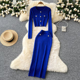 Small Fragrant High-Sense Metal Buckle Repair Short Long-Sleeved Knitting Top Female High-Waisted Hip Skirt Two