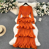 High-End Banquet Dress High-End Light Luxury Niche Lotus Leaf-Side Cake Dress Heavy Industry Folds Long