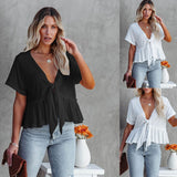 2025 Summer New Women's Pure Color Splicing Loose Short-Sleeved Strap Lotus Edge Top