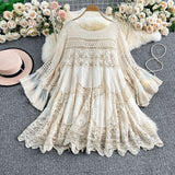 Yunnan Dali Tourism Holiday Dress Women New Gentle Wind Tied V Tie Horn Sleeve Hollow Knitting Short