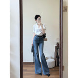 2025 Summer French White Lace Stitching Design Shirt Women Commuting Micro-Rave Jeans Two-Piece Set