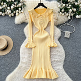 French Retro Doll Collar Horn Sleeve Dress Women Autumn Waist Thin Temperament Knitted Dress