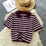 Short-Sleeved Knitted Women 2025 Summer South Korea Ins New Trendy Sleek Striped T-Shirt Women's Tops