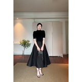 Hepburn Fashion Suit Pure Color Shoulder Five-Sleeve Top In Autumn Waist French Black Dress